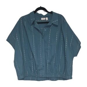 🟢👚 LOGO by Lori Goldstein Teal Button Front Blouse Women's M GUC Boho Chic